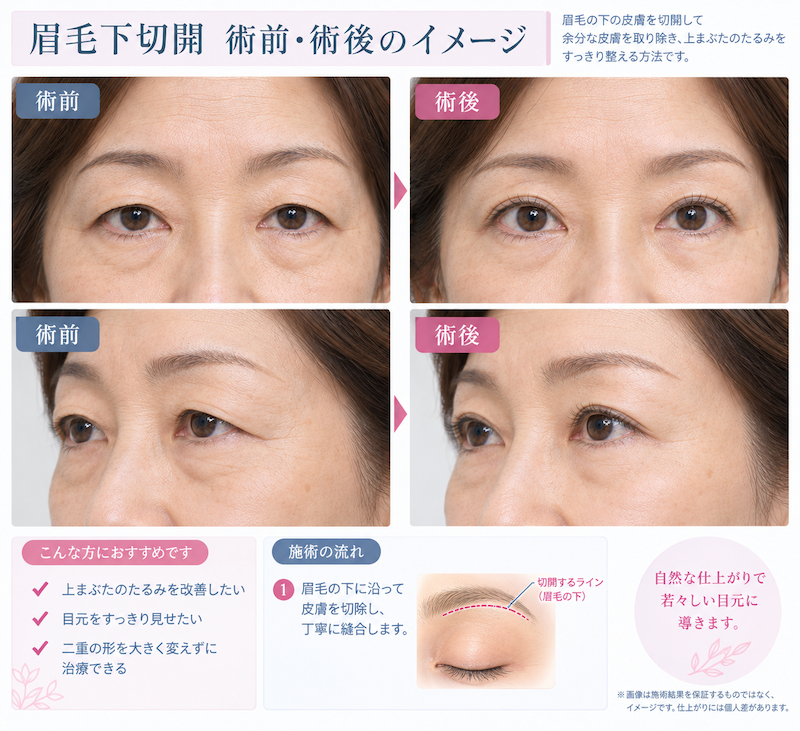 眉毛下切開の術前・術後のイメージ