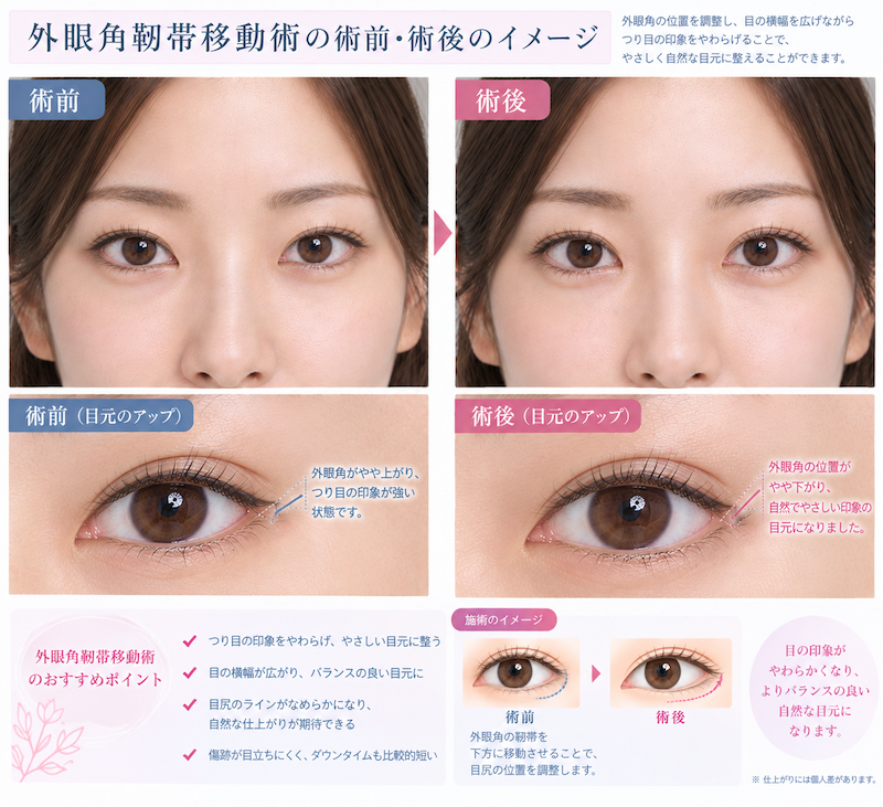 外眼角靱帯移動術、術前・術後のイメージ